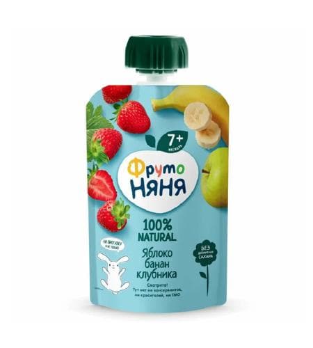 Çaga püresi "Фруто-Няня" Alma, Banan, Klubnika (7+) 90 gr