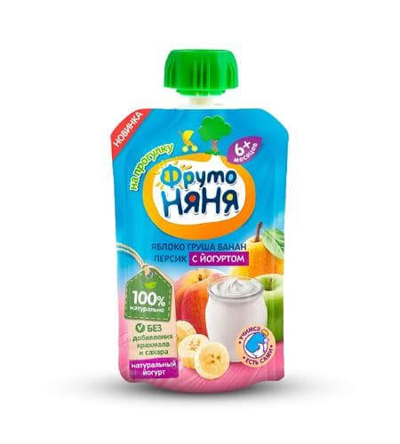 Çaga püresi "Фруто-Няня" Alma, Armut, Banan, Şetdaly + ýogurt (6+) 90 gr