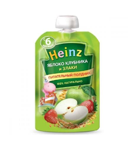 Çagalaryň miwe püresi “Heinz” däneli  Alma, Ýertudana, Bugdaý (6+) 90 gr