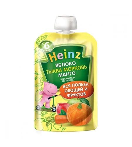 Çagalaryň miwe we gök önüm püresi "Heinz" Alma, Kädi, Käşir, Mango (6+) 90 gr