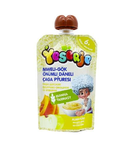 Çagalar miwe we gök önüm püresi "Ýeserje"  Alma we Kädi 90 gr