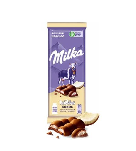 Şokolad plitkasy "Milka" Bubbles Kokos (gözenekli süýtli şokolad) 92 gr