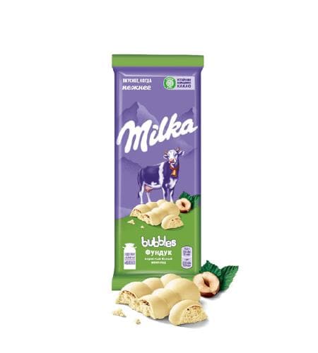 Şokolad plitkasy "Milka" Bubbles Funduk (gözenekli ak şokolad) 79 gr