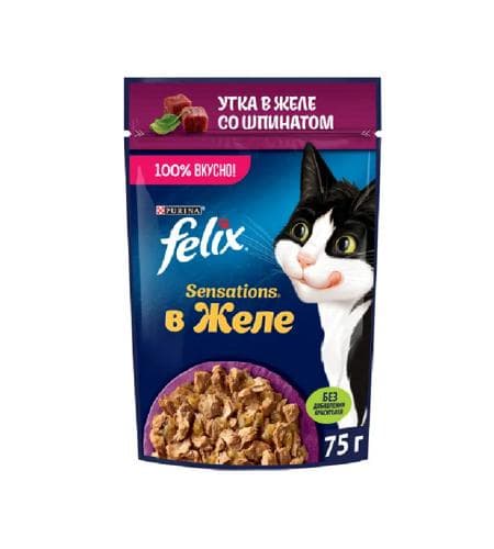 Uly pişikler üçin iým "Felix" Ördek sarymsakle želede 75 gr