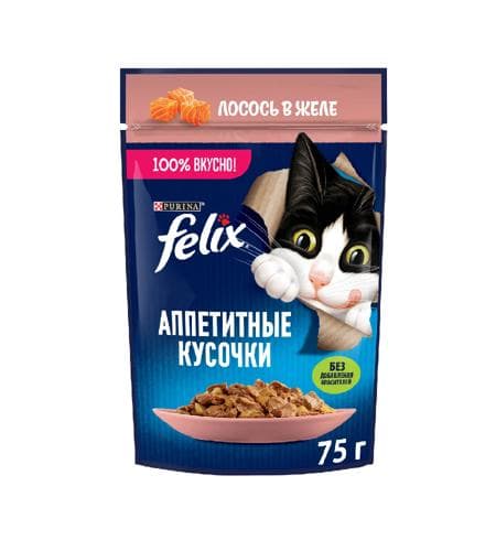 Uly pişikler üçin iým "Felix" Želede Losos bilen Forel 75 gr